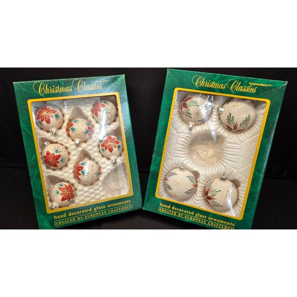 Vintage Christmas Classics Commodore Hand Decorated Poinsettia Glass Ornaments